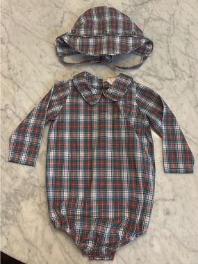 Plaid Bubble Romper with Matching Bonnet - Red/Green/White